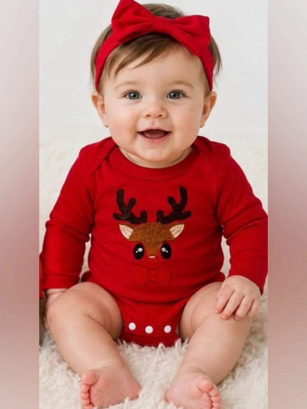 Red Reindeer Appliqué Baby One-Piece Onesie 3-6 Months